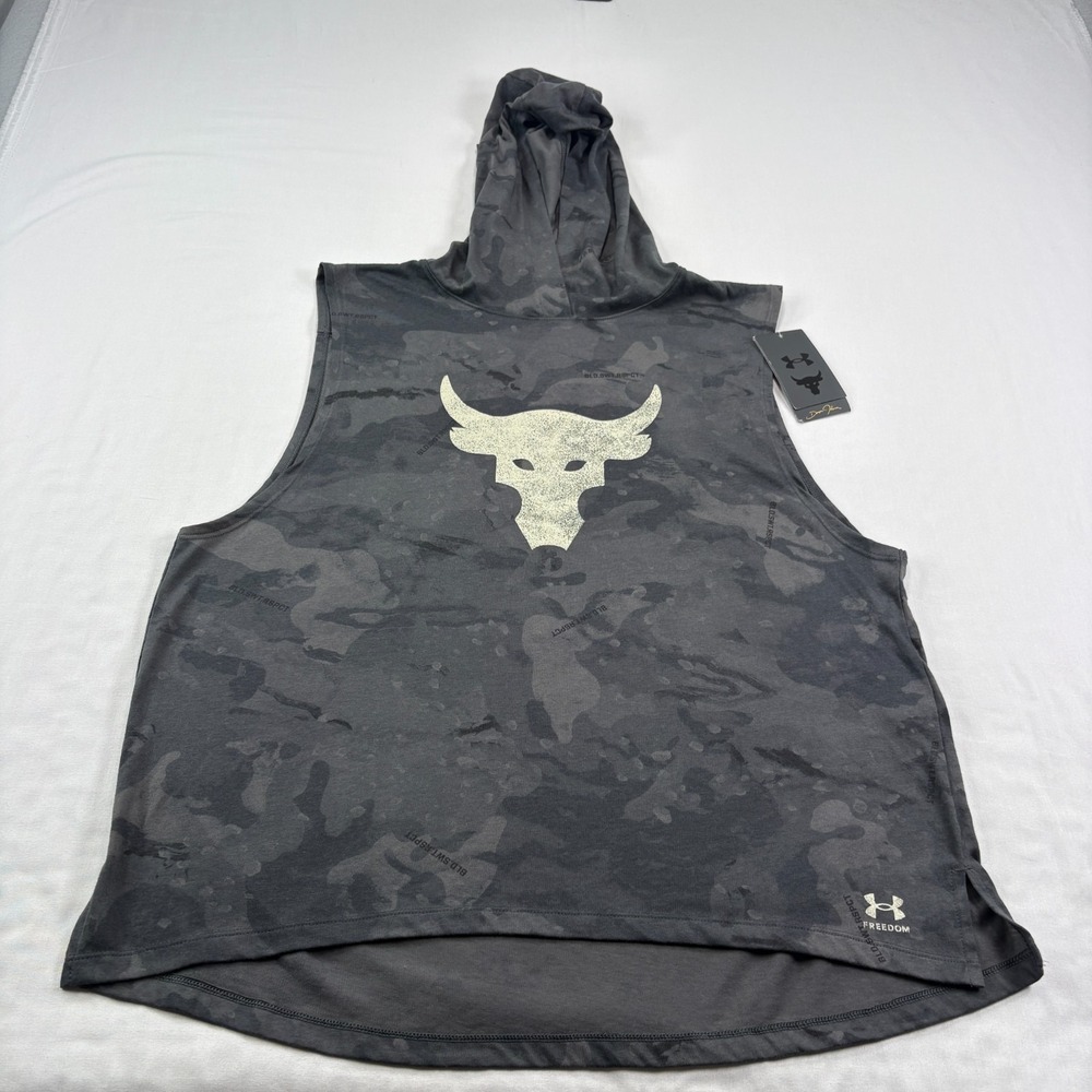 Under Armour Project Rock Tank Top Shirt Womens XL Black Camo Hooded Gym NEW